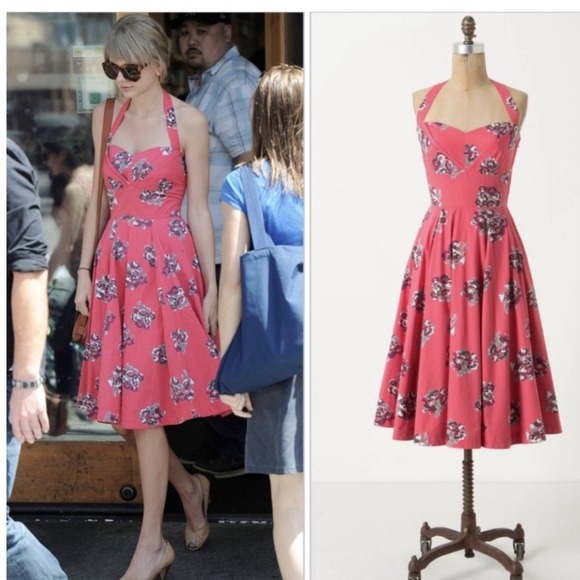 Anthropologie Girls From Savoy Coral Floral Fit and Flare Halter Dress Size 6 - Picture 1 of 15